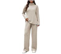 NSICBMNO Womens Two Piece Outfits Ribbed Lounge Wear Sets Polo Neck Jumpers Oversized Sweater Long Sleeve Tunic Tops Wide Leg Trousers Knitted Co Ord Sets Travel Outfit Airport Set Tracksuit