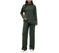 NSICBMNO Womens Two Piece Outfits Ribbed Lounge Wear Sets Polo Neck Jumpers Oversized Sweater Long Sleeve Tunic Tops Wide Leg Trousers Knitted Co Ord Sets Travel Outfit Airport Set Tracksuit