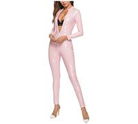NSICBMNO Women's Wetlook PVC Zipper Catsuit Costume Nightclub Dance Bodysuit Jumpsuit Party Outfit Fancy Dress Jumpsuit Dress Up Cosplay Tight Bodysuit Sexy Lingerie Sets Pu Leather Catsuit Pink