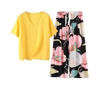 NSICBMNO Yellow 2 Piece Outfits Women Summer Pjs Casual Co Ord Sets Short Sleeve Tops Wide Leg Trousers Palazzo Pants Flared Yoga Pants Floral Lounge Wear Sets Travel Outfits For Beach Sleepwear