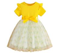 NSICBMNO Yellow Girls Prom Dress Long Tutu Dresses Short Sleeve Ribbed Dress Birthday Party Wedding Bridesmaid First Communion Dresses Dance First Communion Ball Gown for Age 3-10 Years