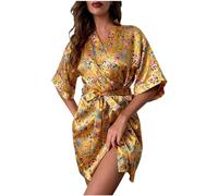 NSICBMNO Yellow Ladies Dressing Gowns Lightweight Housecoats Silk Kimono Robes Cardigans Kimono Dressing Gowns Floral Satin Robe Long Bathrobe V Neck Nighties Bridesmaid Robes With Belt Sleepwear