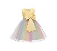 NSICBMNO Yellow Princess Dress for Girls Tulle Prom Dresses Bow Tie Flower Rainbow Cotton Dress Party Wedding Bridesmaid Dresses Bridesmaid Christening Elegant Formal Gown for Age 2-9 Years