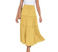 NSICBMNO Yellow Summer Skirts for Women UK Elasticated Waist Skirts Long Pleated Ruffle Skirt Tiered Maxi Skirt Boho Gypsy Skater A Line Flared Flowy