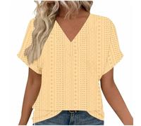 NSICBMNO Yellow Summer Tops for Women UK Short Sleeve Blouses Eyelet Embroidery Top V Neck Tshirt Over Sized T Shirts Boho Tunics Baggy Tshirts Casual Loose Blouses for Holiday Beach Office Work