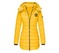 NSICBMNO Yellow Winter Coat for Women UK - Long Padded Puffer Jacket With Detachable Hood, Paw Print, Zip Up, Slim Fit, Quilted, Cotton, Plus Size