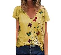 NSICBMNO Yellow Women Summer Tops V Neck T Shirts Butterfly Top Y2K Longline Gym T Shirts Short Sleeve Blouses Oversized Tshirt Tunic Tops Loose Casual Blouses for Beach Lounge Work Streetwear