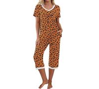 NSICBMNO Yellow Womens 2 Piece Outfit Summer Co Ord Sets Cropped Pyjamas Floral Pjs Capri Pants Boho Trousers Short Sleeve Tops Round Neck T Shirts Lounge Wear Sets Casual Tracksuits With Pockets