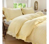 NSNLGSGC Gingham Yellow Ruffle Duvet Cover Set Queen Size 3 Piece Microfiber Preshrunk Plaid Pattern Vintage Bedding Set (Yellow Gingham, Queen