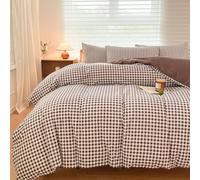 NSNLGSGC Mocha Gingham Duvet Cover Set Queen, Dark Tan Grid Simple Geometric Square Pattern Comforter Cover,Soft Plaid Washed Microfiber Bedding Cover(3PCS,Queen)