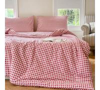 NSNLGSGC Red Gingham Cotton Comforter Set Twin, 100% Washed Cotton Plaid Checked Comforter Bedding, 2 Pieces Vintage Farmhouse Grid Bedding Set(Red Gingham, Twin)