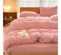 NSNLGSGC Red Gingham Duvet Cover Set King, Grid Simple Geometric Square Pattern Comforter Cover,Soft Plaid Washed Microfiber Bedding Cover(3PCS,King)