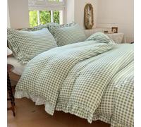 NSNLGSGC Sage Green Gingham Ruffle Duvet Cover Queen Size, 3 Pieces Soft Pre-Washed Microfiber Checked Plaid Comforter Cover Set, Vintage Farmhouse Bedding Set(Green Gingham, Queen 90"x90")