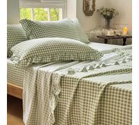 NSNLGSGC Sage Green Gingham Ruffle Queen Sheet Set, Green Soft Pre-Washed Microfiber Plaid Queen Bed Sheets, 4-Pieces Farmhouse Sheet Set with Deep Pocket