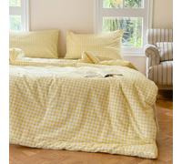 NSNLGSGC Yellow Gingham Grid Duvet Cover Set King, 100% Washed Cotton Plaid Comforter Cover Set, Ultra-Soft & Lightweight Cottage Bedding Set(3PCS, King)