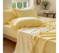 NSNLGSGC Yellow Gingham Ruffle Full Sheet Set, Yellow Soft Pre-Washed Microfiber Plaid Full Bed Sheets, 4-Pieces Farmhouse Sheet Set with Deep Pocket