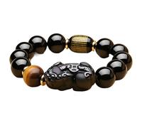 NSNYDNZ Obsidian Bracelet, Wealth Double Obsidian Yellow Tiger Eye Ward-Off Evil Spirits,Double pixiu,(Single,16mm)