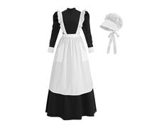 NSPSTT Pioneer Dress Women Prairie Colonial Costume with Apron Victorian Maid Outfit Black, Black, Medium