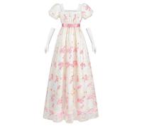 NSPSTT Women Regency Dresses Puff Sleeves Empire Waist Victorian Dresses Pink Long Dress Tea Party Gown with Gloves,XL