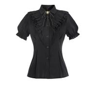 NSPSTT Women's Gothic Victorian Black Blouse - Short Puff Sleeve Ruffle Tops, Slim Fit Edwardian Shirt with Ruffle XXL