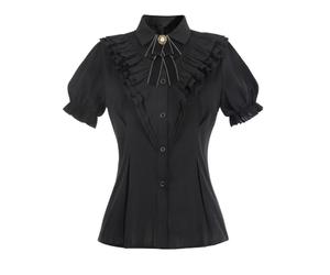 NSPSTT Women's Gothic Victorian Black Blouse - Short Puff Sleeve Ruffle Tops, Slim Fit Edwardian Shirt with Ruffle