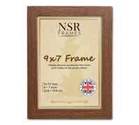 NSR 9 x 7 Inch Dark Oak Picture Photo Frame (22.8 x 17.8 cm) - Flat Wall Mount Hang Hooks & Free Tabletop Stand Poster Frame MDF Wooden Portrait/Panoramic Clear Acrylic Display