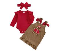 Nsywmzy Baby Girl Christmas Outfit Solid Ribbed Long Sleeve Romper Gingerbread Man Tank Dress Bow Headband Set Winter Clothes (Khaki 6, 12-18 Months)