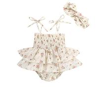 Nsywmzy Baby Girls' Clothing Infant Rompers 0-24M Cotton Ruffle Sleeveless Bodysuit Jumpsuit With Headband Summer Outfit (Beige, 18-24 Months)