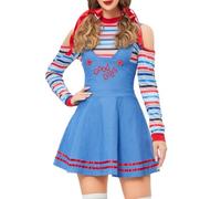 Nsywmzy Halloween Costumes Adult Women Scary Nightmare Killer Doll Costume Stripe Long Sleeve Sexy Cosplay Jumpsuit Romper Overalls (Blue 3, L)