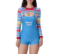 Nsywmzy Halloween Costumes Adult Women Scary Nightmare Killer Doll Costume Stripe Long Sleeve Sexy Cosplay Jumpsuit Romper Overalls (Blue 2, S)