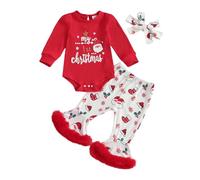 Nsywmzy My First Christmas Baby Girl Outfit Letter Print Long Sleeve Romper Flare Pants Hat Fall Winter Newborn Clothes Set