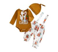 Nsywmzy Newborn Baby Boy Clothes My First Easter Outfit Bunny Print Long Sleeves Romper Suspender Pants Bunny Ears Hat Infant Clothing Set (Brown 6, 0-3 Months)