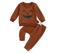 Nsywmzy Toddler Baby Boy Halloween Outfit Long Sleeve Ghost Pumpkin Sweatshirt Tops Elastic Pants Fall Winter Clothes Set (Coffee, 6-12 Months)
