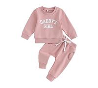 Nsywmzy Toddler Baby Girls Outfit Daddy Mama Letters Print Long Sleeve Sweatshirt Tops Solid Color Jogger Pants Fall Winter Clothes Set (Pink, 12-18 Months)