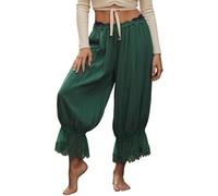 Nsywmzy Women Lace Trim Long Bloomers Elastic Mid Rise Ruffle Pantaloons Loose Lantern Pants Trousers Slip Under Dress (Green, L)