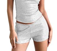 Nsywmzy Women Sequin Mini Shorts Summer Low Rise Elastic Waistband Glitter Straight Sparkly Shorts Party Streetwear (White, M)