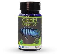 NT Labs Pro-f Cichlid Green Junior Fish Food 0.8-1.5mm Granule (40g) | Nutritious low-protein sinking granules with colour-promoting algae. Formulated for young herbivorous Malawi cichlids.