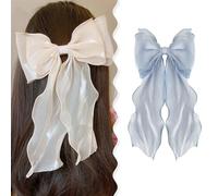 NT-ling Large Silk Satin Hair Bow Clips, 2PCS Big Double-layer Bows with Long Tail Ribbon, French Double Layers, Soft Solid Color Blue, Beige, 9.8 x 7.5 inches, Women, Teenage Girls
