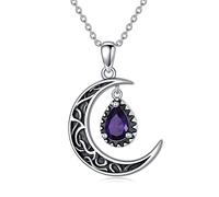 NTALJC Crescent Moon Necklace Silver Emerald/Red/Purple/Black/Blue/Aquamarine/Moss Agate Celtic Moon Teardrop Necklace Celtic Jewelry Gifts for Women Girls Birthday