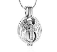 NTALJC Crystal Cross Cremation Urn Necklace for Loved One Angel Hollow Wings Feather Funeral Memorial Cremation Jewelry-Sliver