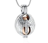 NTALJC Crystal Cross Cremation Urn Necklace for Loved One Angel Hollow Wings Feather Funeral Memorial Cremation Jewelry-Sliver with Rose