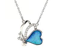NTALJC Cute Female Heart Butterfly Pendant Necklace Rose and Gold Silver Color Chain Necklaces Vintage White Blue Opal Necklaces for Women