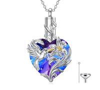 NTALJC Hummingbird Urn Necklace for Ashes S Silver Bird Blue/Purple Heart Crystal Cremation Necklace Hummingbird Memory Ashes Keepsake Necklace for Loss Loved One's Women Girls