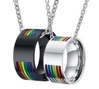 NTALJC Pendant Necklace Set for Women Men Stainless Steel Silver Black LGBT Enamel Rainbow 10MM Matching Promise Rings for Her and Her