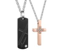 NTALJC Rose Black Square Tag with Cubic Zirconia Cross Pendant Necklace Titanium Steel Pendant Necklaces for Couple 50CM