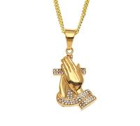 NTALJC Stainless Steel Parying Hands Cross Pendant Necklace Hip Hop Gold Color Iced Out 2 Row Rhinestone