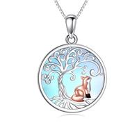 NTALJC Tree Of Life Necklace Silver Moonstone Fox Pendant Necklace Cute Animal Jewellery Gift For Women Lover