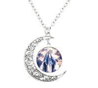 NTALJC Virgin Mary Moon Necklace Glass Dome Pendant Diy Handcrafted Creative Christian Gifts Jewelry, 38mm, Metal, No Gemstone for girls