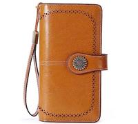 NTALJC Wallets for Women RFID Blocking Ladies Trifold Billfold Genuine Leather Long Ladies Large Capacity Ladies Travel Purse Wristlet Card Case Purse,L