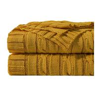 NTBAY 100% Cotton Cable Knit Throw Blanket, Ginger Yellow, 130x170 cm | Super Soft and Warm, Cable Knit Texture, Lightweight and Breathable, Stylish Sofa and Bed Decor, Machine Washable